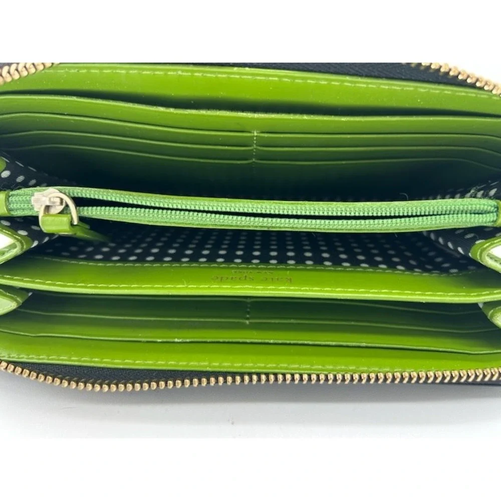 Kate Spade Zip Around Wallet Black Patent Leather Cream Trim Green Interior